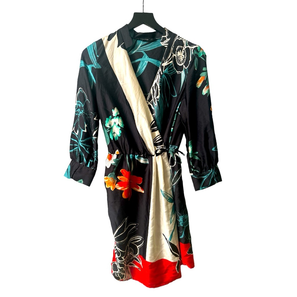 Zara Basic Floral Motif Long Sleeve Wrap Dress Size Small